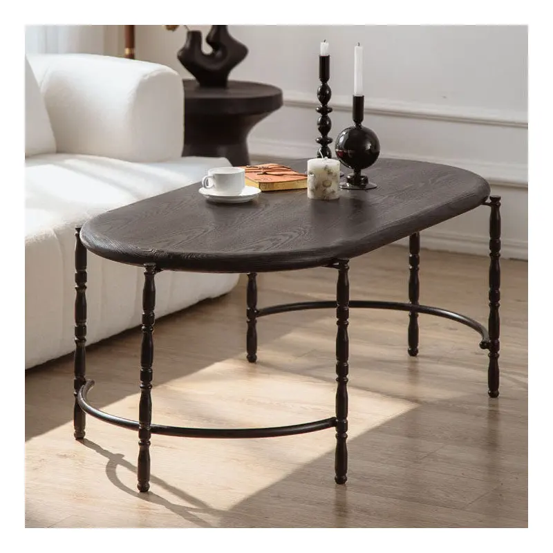Traditional Vintage Oval Round Iron Medium Density Fiberboard Ash Wood End Table 1/2-Tier 3/5-Leg For Living Room