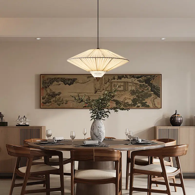 Traditional Vintage Rhombus Metal Fabric Crystal 3/4-Light Liftable Pendant Light For Dining Room