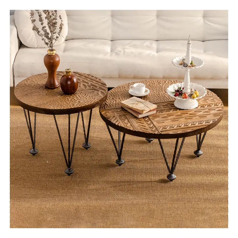 Traditional Vintage Round Solid Wood Medium Density Fiberboard Iron End Table 3/4-Leg For Living Room