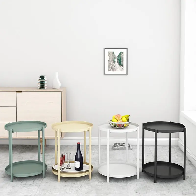Contemporary Scandinavian Round Carbon Steel Side Table 1/2-Tier For Living Room