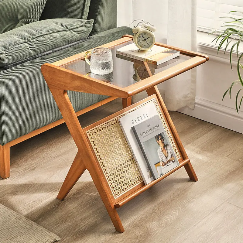 Contemporary Scandinavian Square Rubberwood Solid Wood Glass Side Table For Living Room