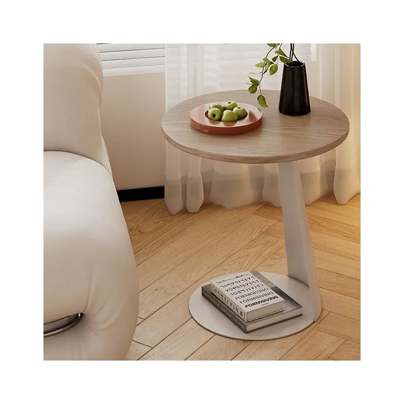 Modern Minimalist Round Ash Wood Iron Side Table 2-Tier For Living Room