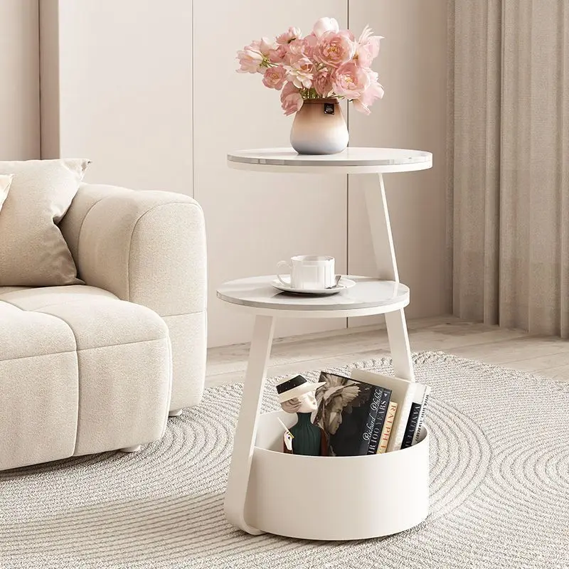 Modern Minimalist Round Sintered Stone Metal Side Table 3-Tier For Living Room