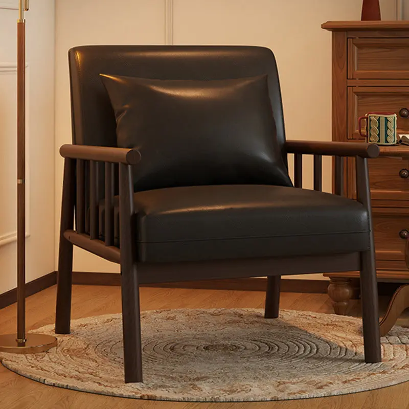 Traditional Vintage Rectangular Rubberwood Faux Oil Wax Leather Flannelette Sponge Accent Chair Backrest Armrest For Living Room