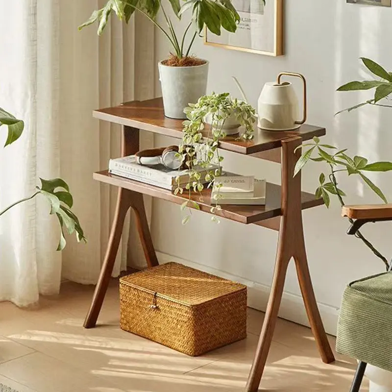 Traditional Vintage Rubberwood Solid Wood Side Table 2-Tier For Living Room