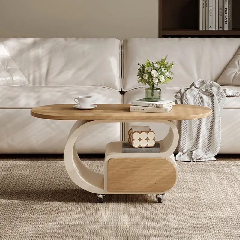 Contemporary Scandinavian Oval Multi-Layer Solid Wood Carbon Steel Movable Side Table 1-Drawer For Living Room