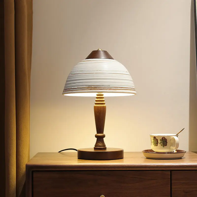 Traditional Japanese Ceramic Solid Wood Round Cylinder 1-Light Table Lamp For Bedroom