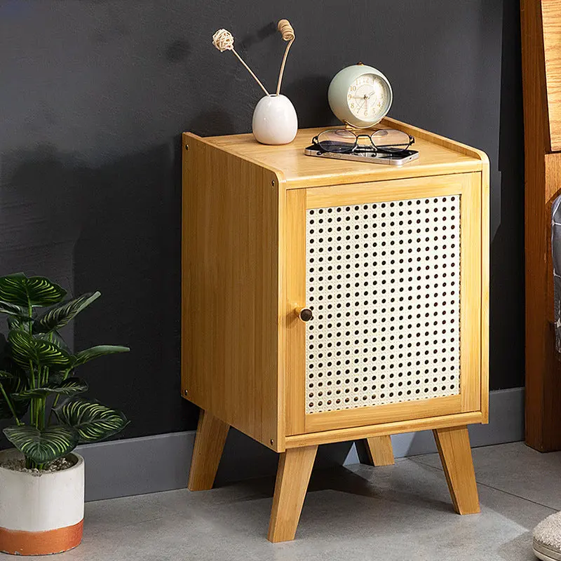 Traditional Rustic Rectangular Nan Bamboo ABS Nightstand 1-Cabinet For Bedroom