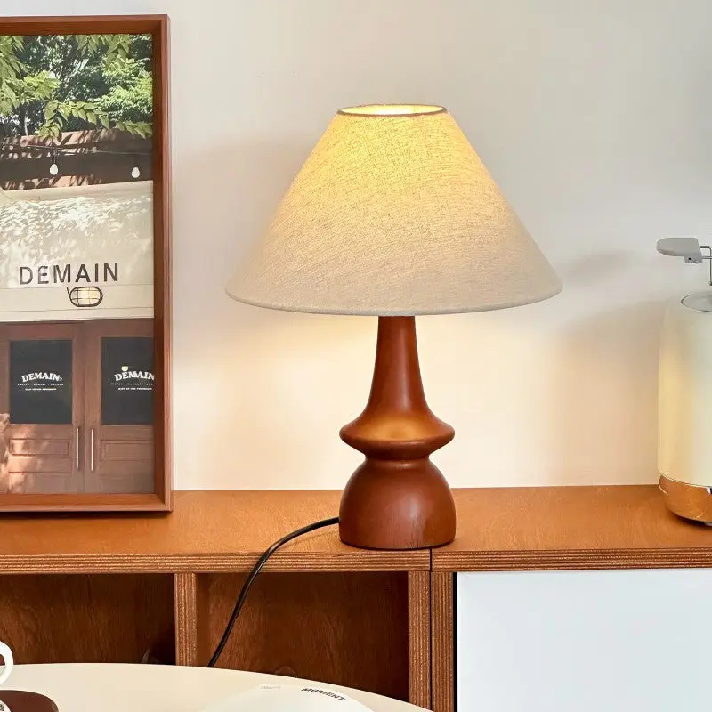 Traditional Vintage Linen Solid Wood Cone Umbrella 1-Light Table Lamp For Bedroom