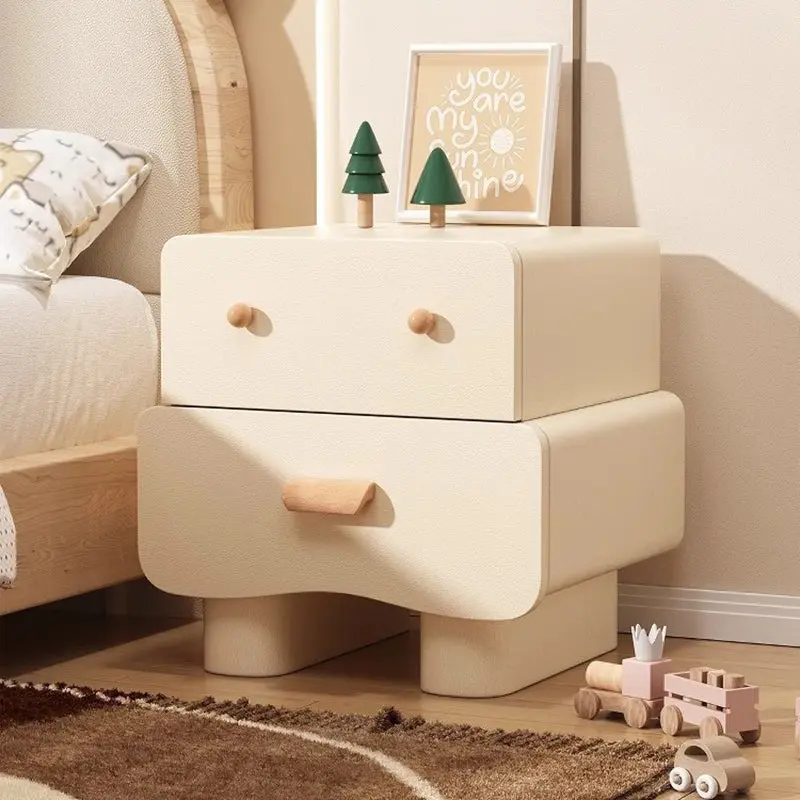 Contemporary Creative Rectangular Multi-Layer Solid Wood Cat Claw Leather Nightstand 2-Drawer For Bedroom