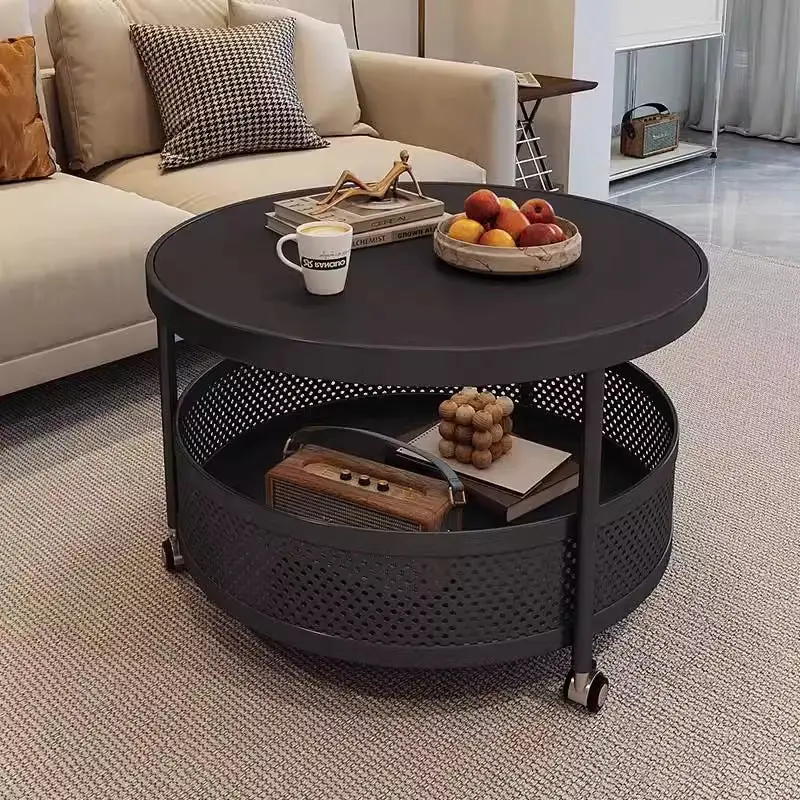 Contemporary Scandinavian Metal Engineered Wood Movable Round Side Table With 2 Tiers For Living Room