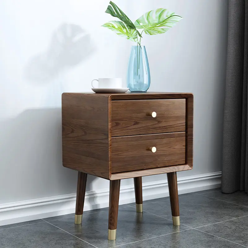 Traditional Vintage Ash Wood & Metal Cylindrical-Square Nightstand With 2 Drawers For Bedroom
