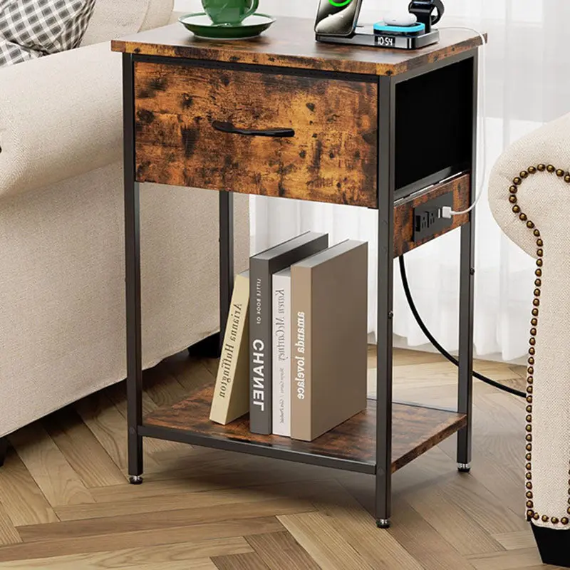 Traditional Vintage Rectangular Carbon Steel Particle Board End Table With Charging 1-Drawer For Living Room