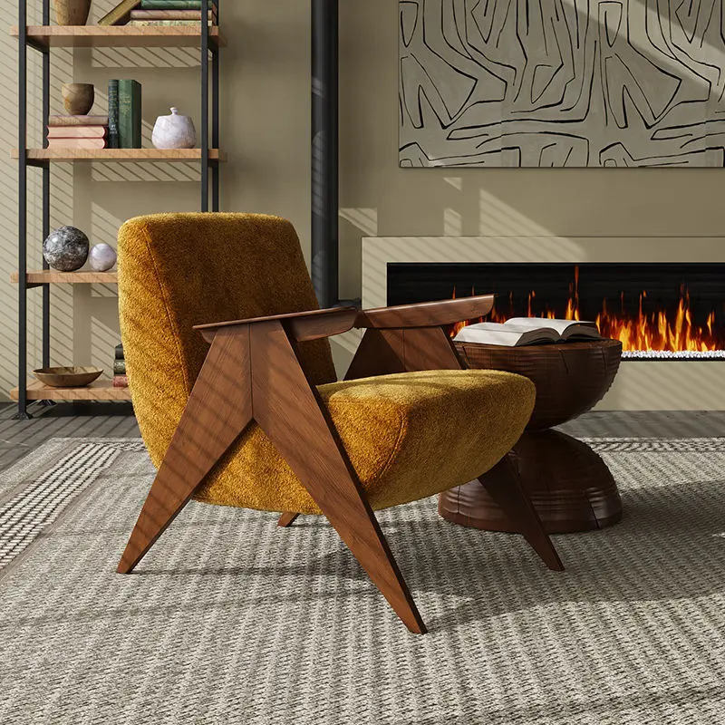 Traditional Vintage Rectangular Solid Wood Velvet Accent Chair Backrest Armrest For Living Room