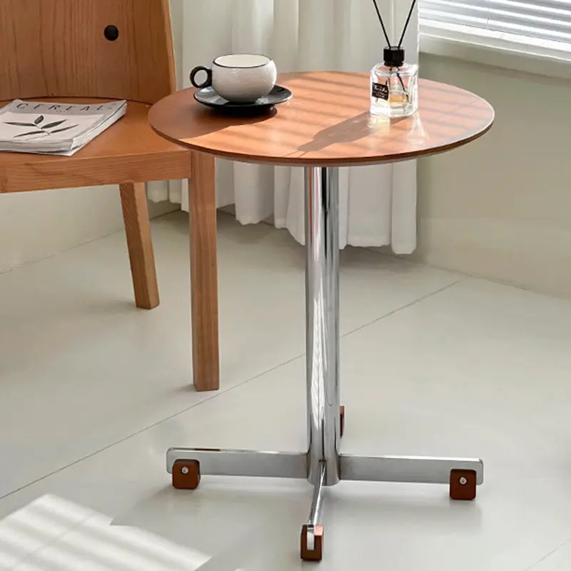 Traditional Vintage Round Multi-Layer Solid Wood Panel Electroplated Iron Side Table For Living Room