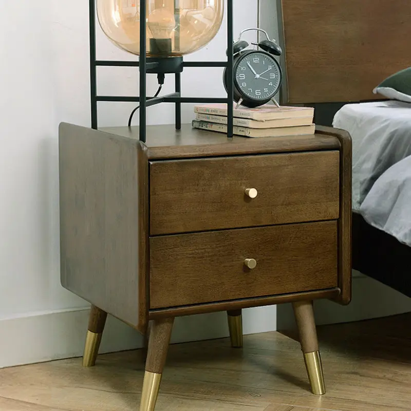 Traditional Vintage Rubberwood Zinc Alloy Square Nightstand With 2 Drawers For Bedroom