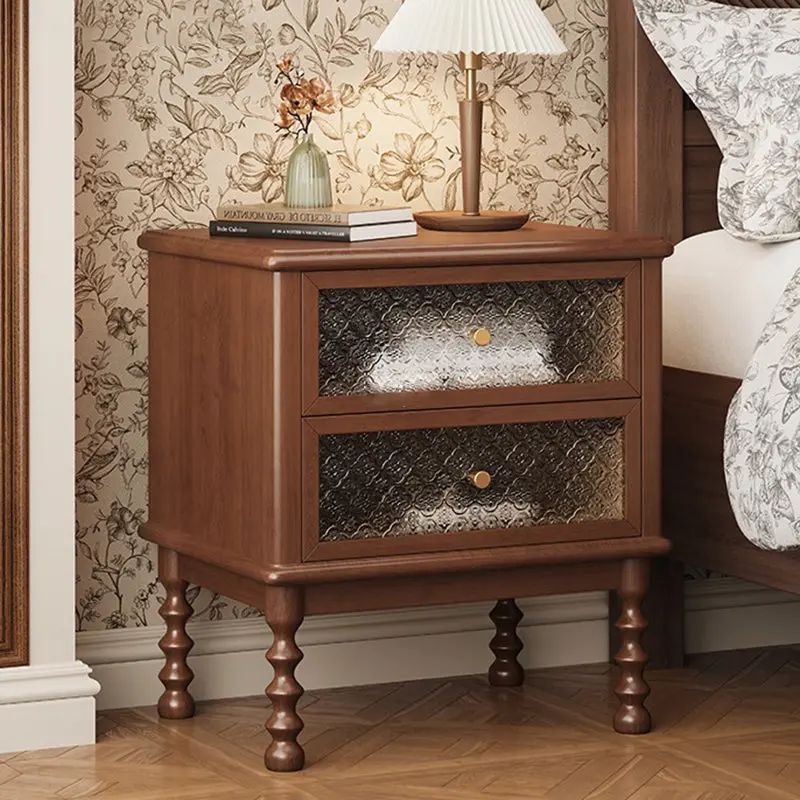 Traditional Vintage Solid Wood Glass Metal Patterned Square Nightstand With 2 Drawers For Bedroom