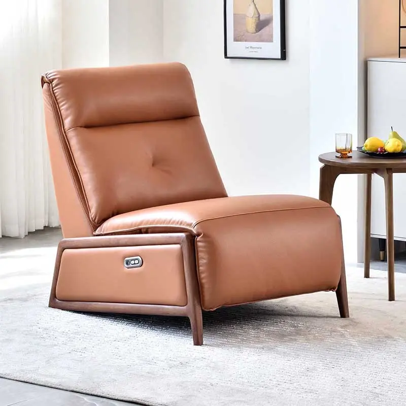Contemporary Eco Leather Electric Recliner Chair - Oak Armrests Accent Chair For Living Room