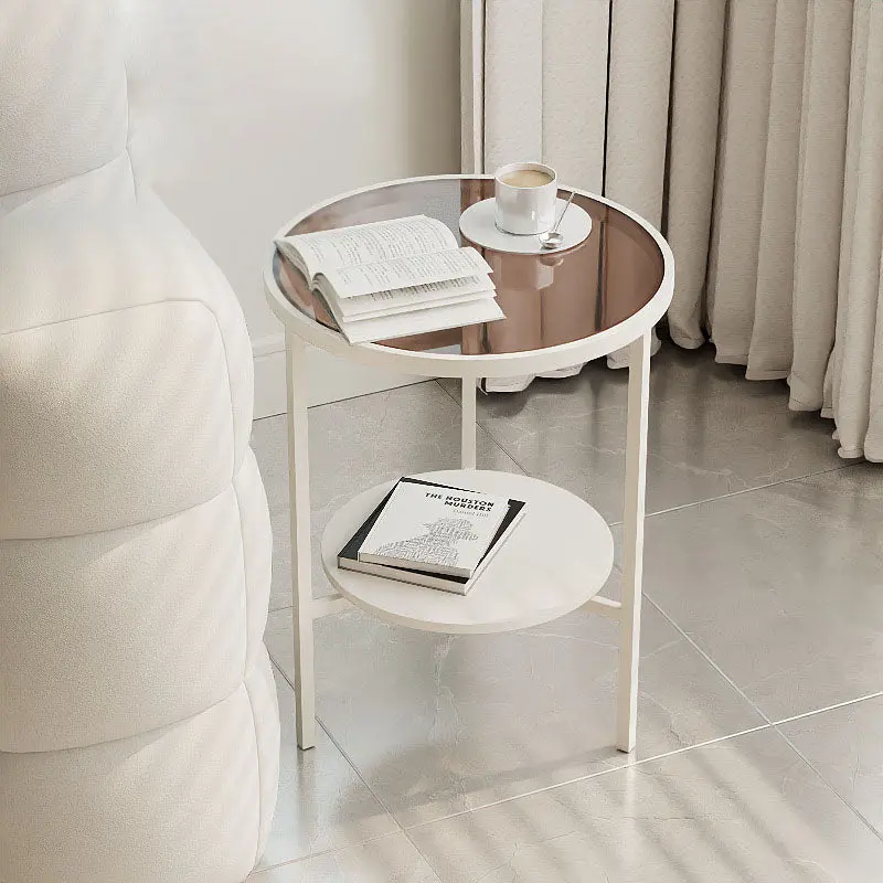 Modern Minimalist Round Tempered Glass Slab Carbon Steel End Table 3-Leg 2-Tier For Living Room