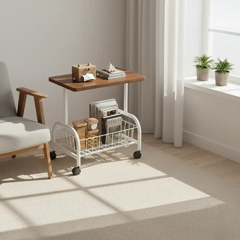 Modern Minimalist Rounded-Corner Design Rectangular MDF Carbon Steel Wrought Iron Movable Side Table 2-Tier For Living Room