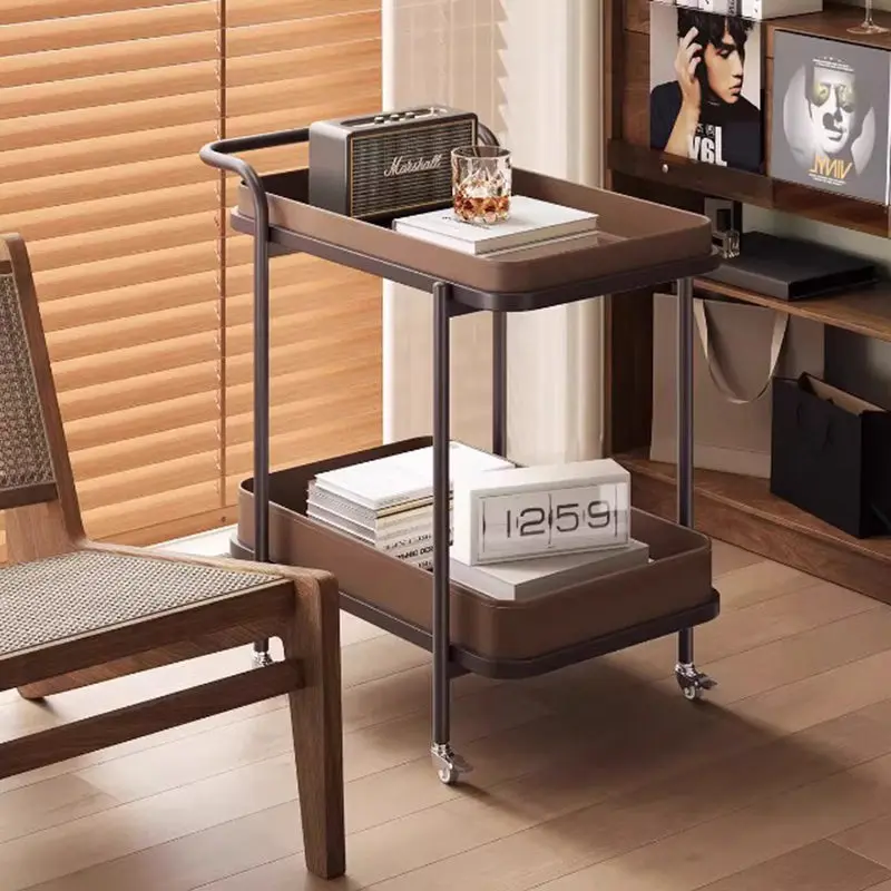 Traditional Vintage Saddle Leather Carbon Steel Metal Rounded Square Side Table With 2-Tier For Living Room