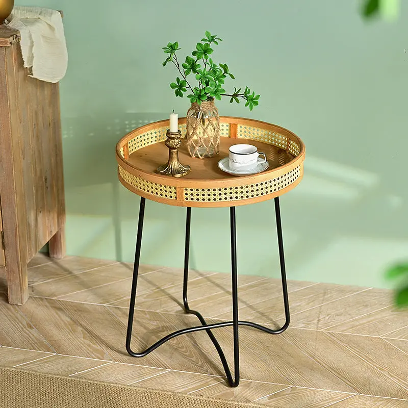 Modern Minimalist Round Bamboo Rattan Metal Solid Wood Stainless Steel End Table 4-Leg For Living Room