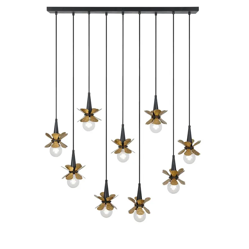 Portinatx Nine Light Linear Chandelier Satin Black with Hammered Gold