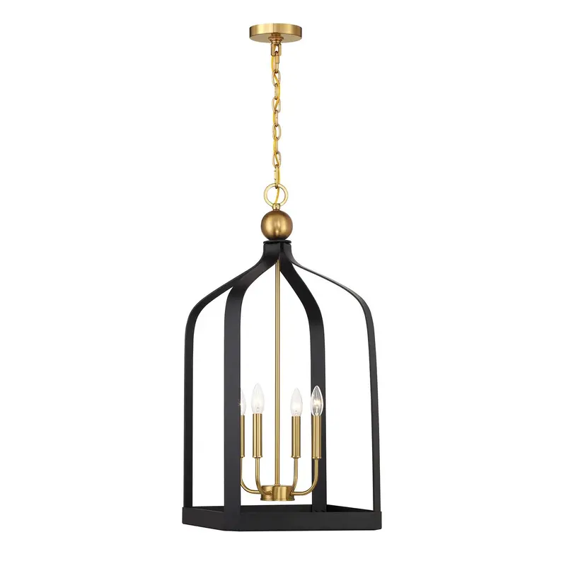 Sheffield Four Light Pendant Matte Black with Warm Brass