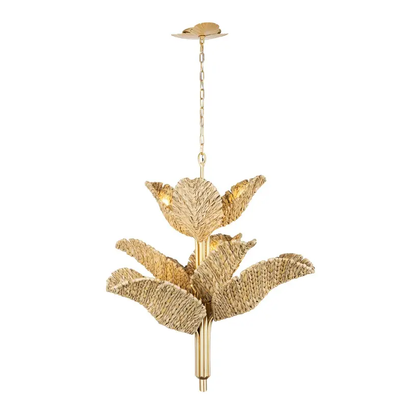 Banana Leaf Nine Light Chandelier French Gold/Natural Seagrass