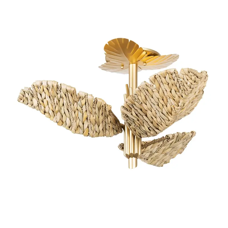 Banana Leaf Three Light Semi-Flush Mount French Gold/Natural Seagrass