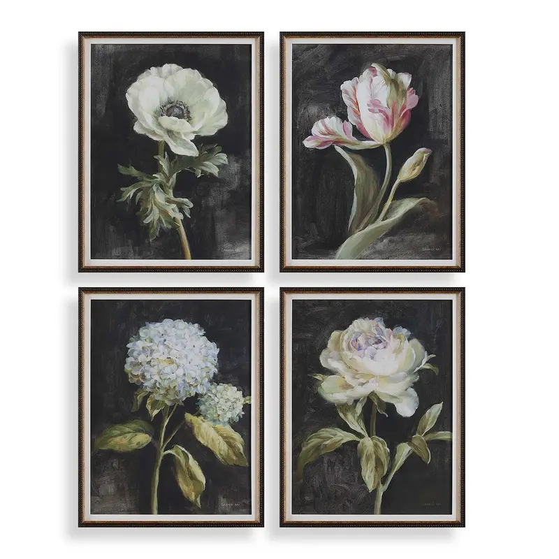 Florals On Black Framed Prints, Set/4 Dark Brown