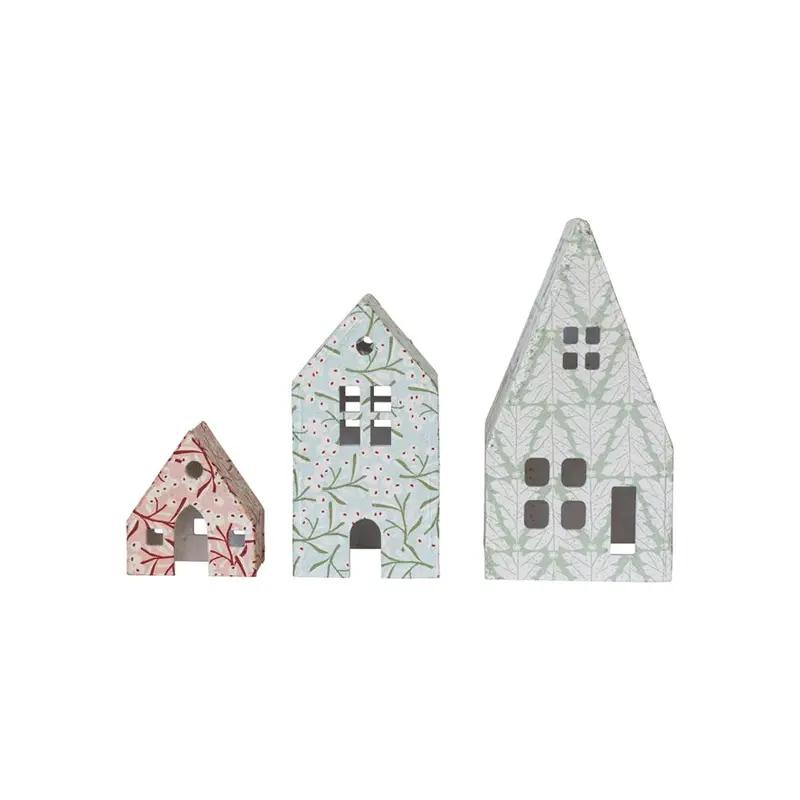 Printed Paper Mache Houses w/ Berry & Tree Patterns, Set of 3