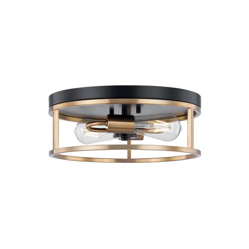 Two Light Flush-Mount Matte Black Canopy w/ Brass