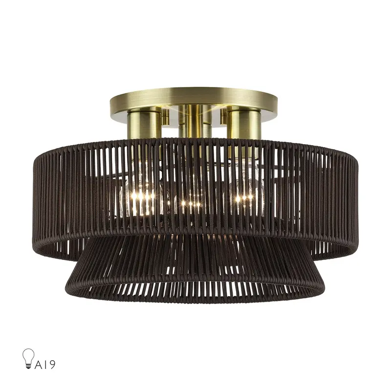 Florell Three Light Semi-Flush Mount Antique Brass