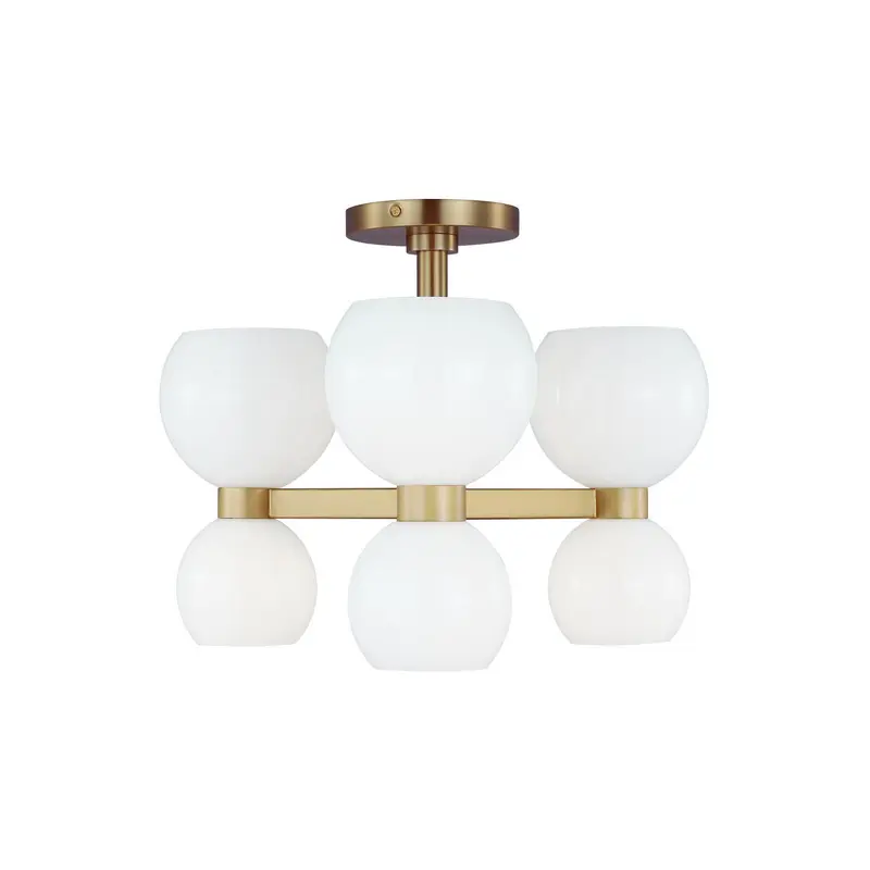 Londyn Six Light Semi Flush Mount Burnished Brass with Milk White Glass