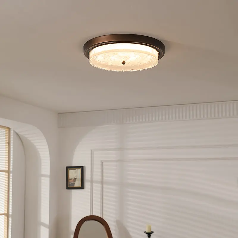 Traditional Vintage Round Iron Glass LED Flush Mount Ceiling Light For Living Room