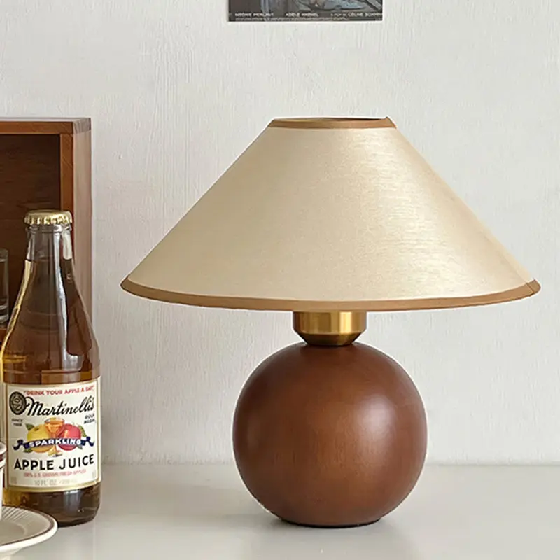 Traditional Vintage Round Sphere Rubberwood Cloth 1-Light Table Lamp For Bedroom