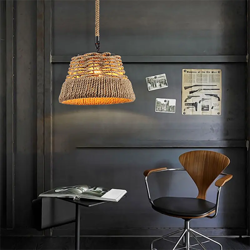 Traditional Vintage Round Flower Basket Sisal Iron 1-Light Pendant Light For Living Room