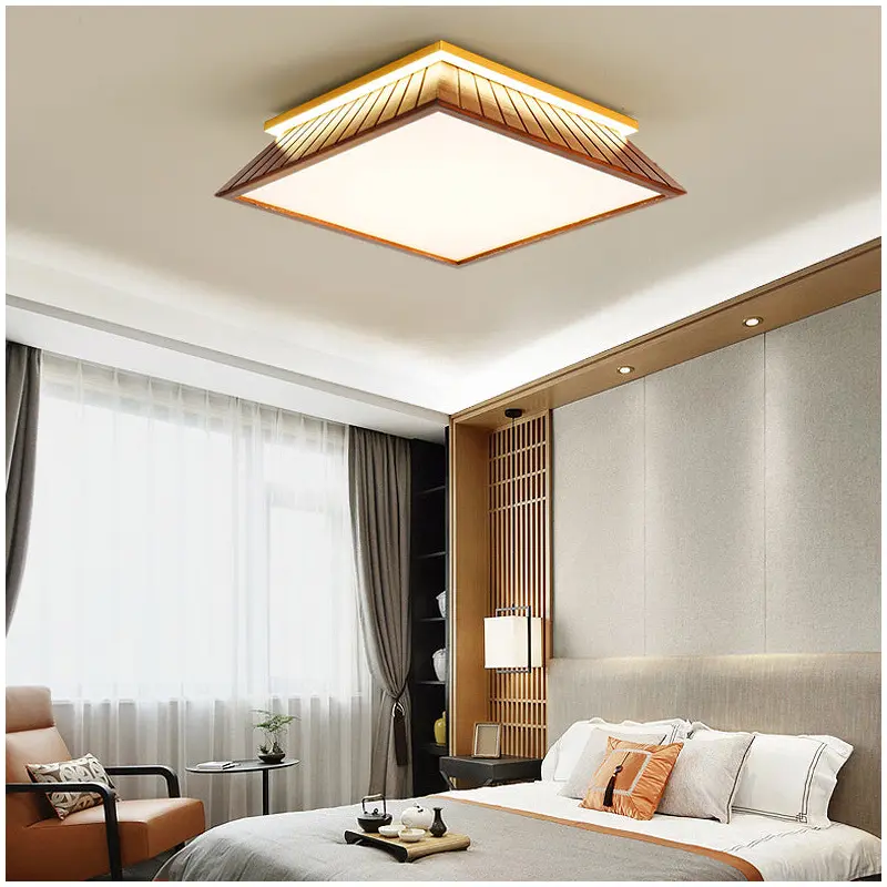 Traditional Chinese Roof Square Acrylic Solid Wood Hardware LED Flush Mount Ceiling Light For Bedroom