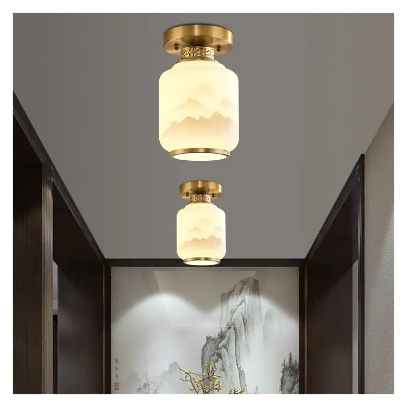 Traditional Chinese Copper Glass Painting 1 - Light Flush Mount Ceiling Light For Hallways