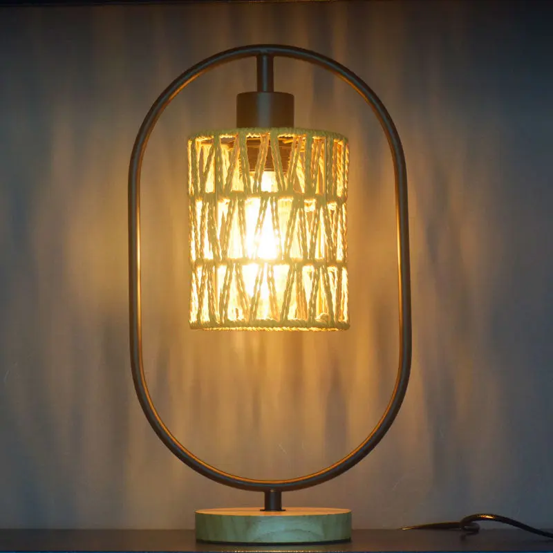 Traditional Vintage Hemp Rope Weaving Cage Wood Base 1-Light Table Lamp For Bedroom