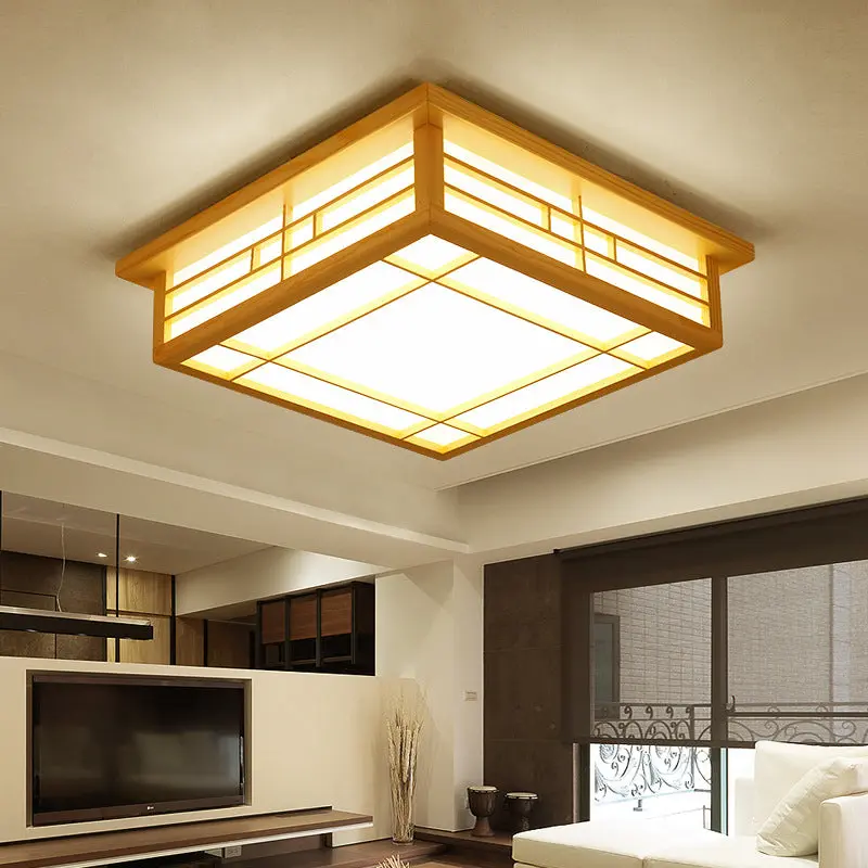 Traditional Japanese Square Lattice Parchment Wood LED Flush Mount Ceiling Light For Living Room