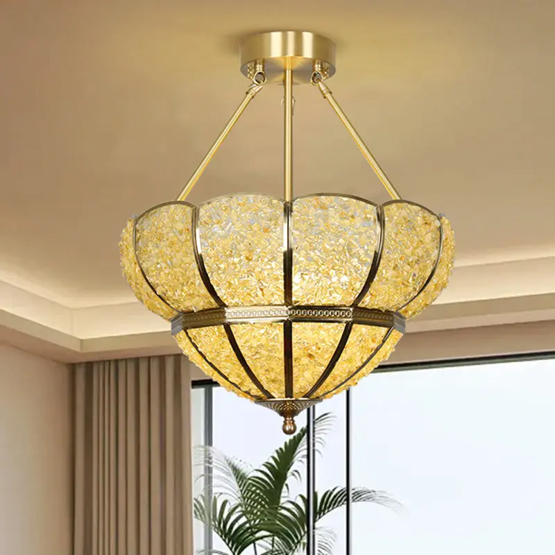 Traditional Vintage Semicircle Umbrella Copper Crystal 3-Light Pendant Light For Living Room