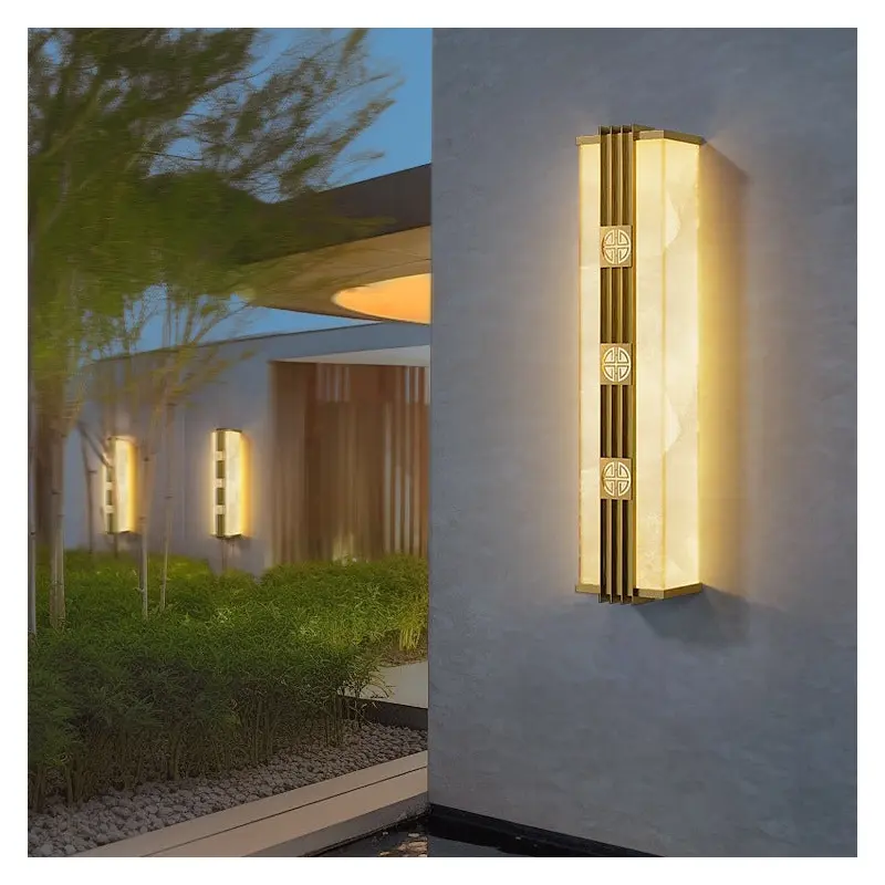 Contemporary Luxury Brass Imitation Marble Shade Cuboid LED Solar Outdoor Wall Sconce Lamp For Garden