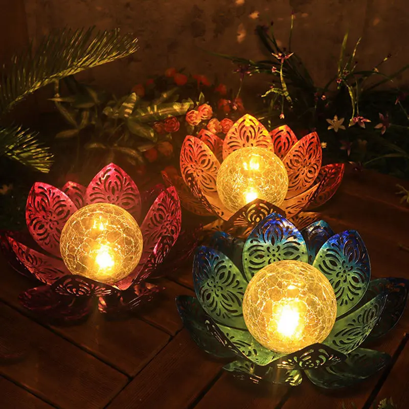 Modern Art Deco Solar Iron Simulated Lotus Crack Glass Ball Shade LED Lawn Landscape Light For Outdoor Patio