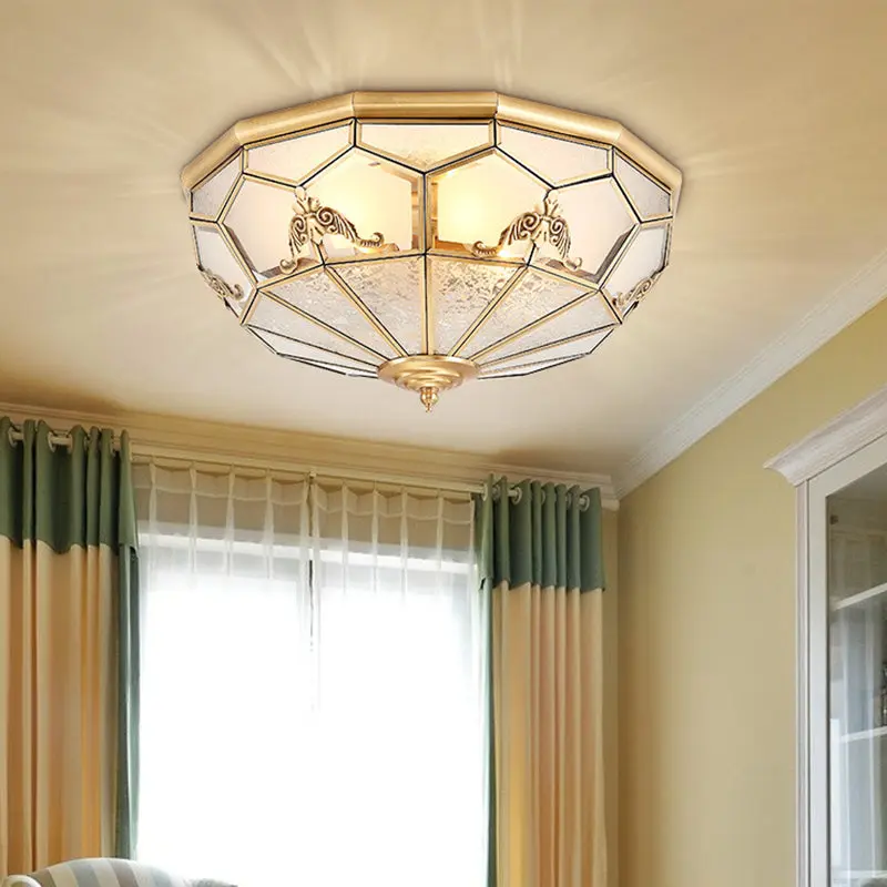 Traditional Vintage Half Circle Umbrella Striped Patterned Copper Glass 3/4/6 Light Flush Mount Ceiling Light For Living Room