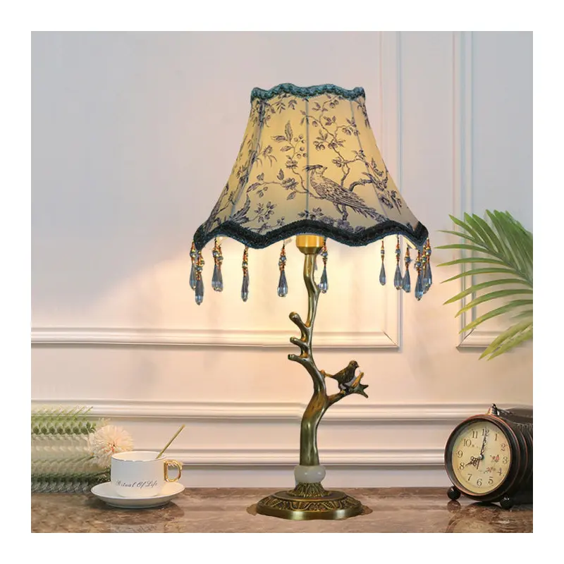 Traditional Vintage Root Base Bird Copper Fabric 1-Light Table Lamp For Bedroom