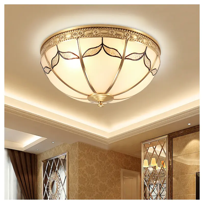 Traditional Vintage Round Dome Leaf Full Copper Frame Glass Shade 3/4 Light Flush Mount Ceiling Light For Living Room