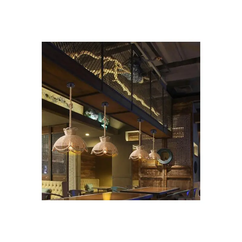 Traditional Vintage Flower Basket Iron Linen Rope 1-Light Pendant Light For Living Room