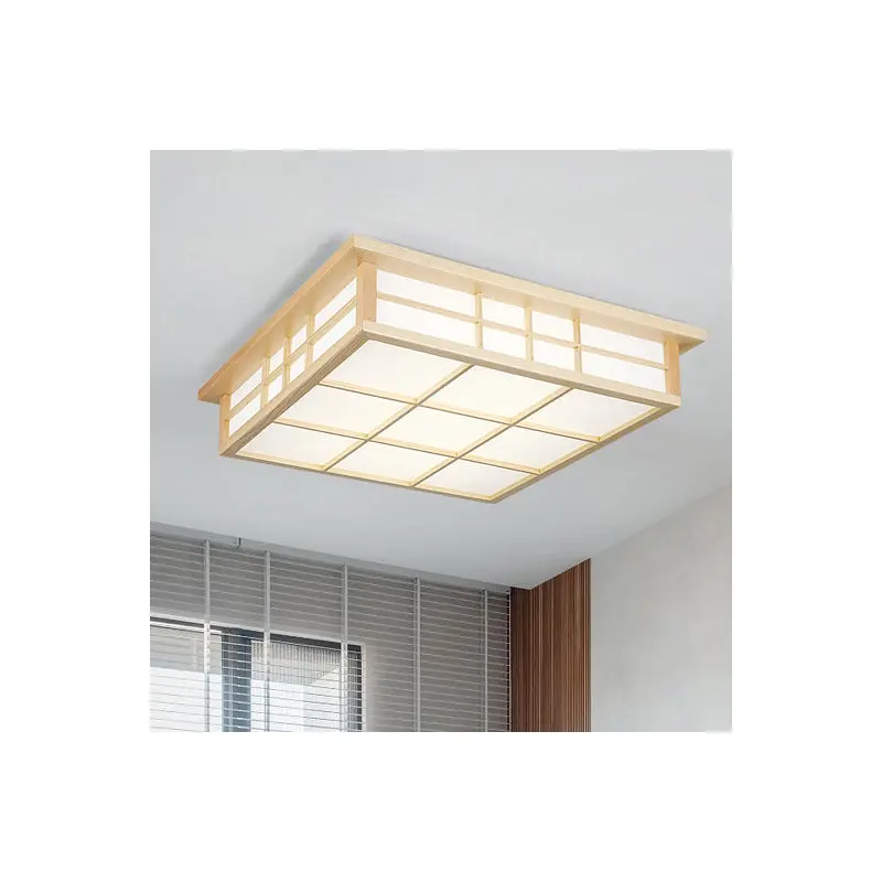 Traditional Japanese Square Wood Paper LED Flush Mount Ceiling Light For Living Room
